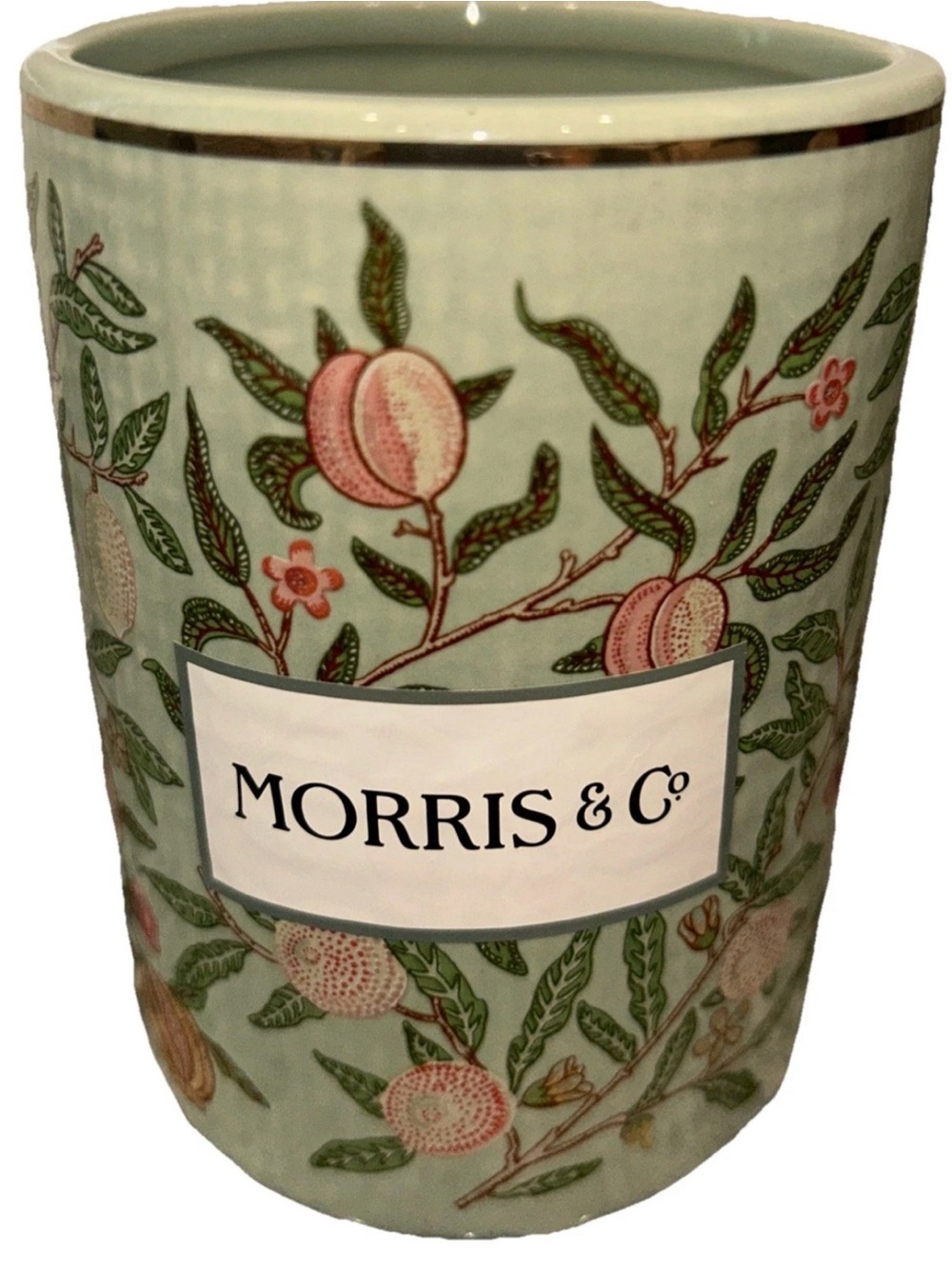 Large MORRIS & CO. Green Floral Fruit Burlap-Look Ceramic 4-1/4" Tumbler NEW